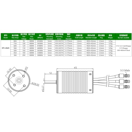 2845 3650KV Brushless Motor Shaft Diameter 3.175MM Connector 3.5MM for 1/12 1/14 Scale On-Road Buggy Monster RC Car