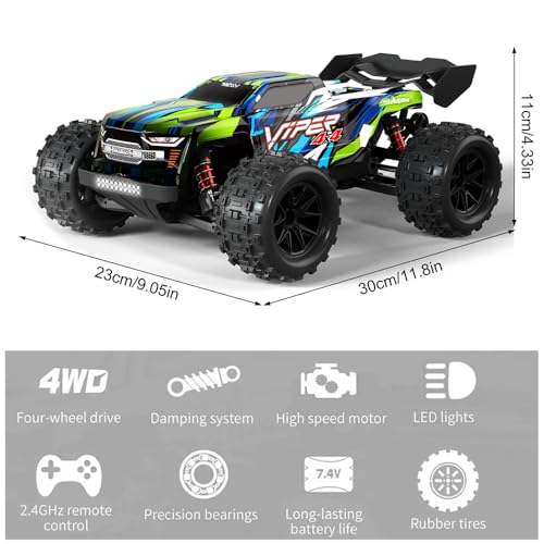 Brushless RC Cars for Adults, 1/16 Scale RC Truck, 55KM/H High Speed Remote Control Car, 2.4GHz 4WD All Terrains Off-Road RC Monster Truck with LED Light and 3 Rechargeable Batteries (Green) - size: 3 Batteries