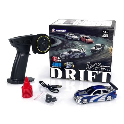 1/43 RC Scale RTR Race Car Remote Control Drift 4WD Mini Lights System RTR High Speed Four-Wheel Drive Racing Model Full Proportional RC Electric Car Gift(Blue and Silver), - color: Blue and Silver