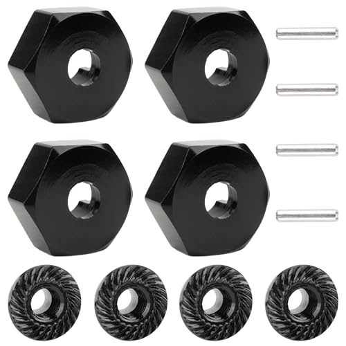 12mm Wheel Hex Hubs Drive Adapter 5mm Thick & Flange M4 Lock Nuts Aluminum for Redcat Axial HSP WLtoys Himoto RC Truck Model Car Upgrade Parts (Black) - color: Black