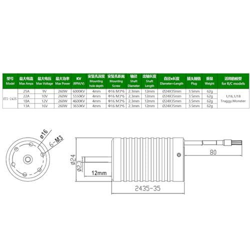 2435 6000KV Brushless Motor Shaft Diameter 2.3MM Connector 3.5MM for 1/16 1/18 Scale On-Road Buggy Monster RC Car