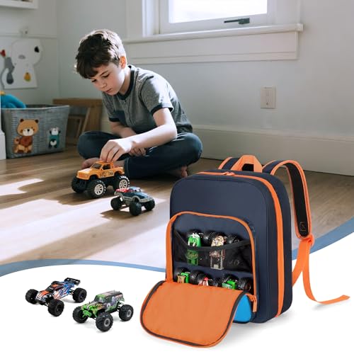CURMIO Toy Cars Backpack Compatible with Monster Jam Trucks Up to 37pcs | Truck Carrying Case for 1:64 Scale Toy Cars, with 8 Transparent Pockets and Front Pocket, Home Use & Travel, Empty Bag