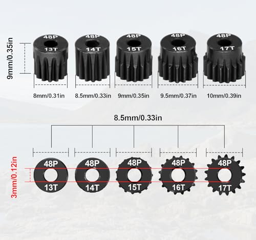 OGRC 48P Pinion Gears 13T 14T 15T 16T 17T 3.175mm (1/8-Inch) Motor Gears | Steel Hardened, 0.53M, for Traxxas Arrma HSP HPI AXIAL Tamiya Losi 1/10 RC Car