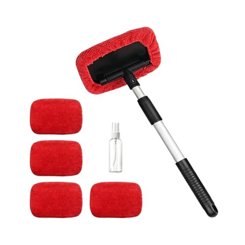 Car Windshield Cleaner Tool, Extendable Handle Pentagonal Vehicle Window Cleaning Kit with 4 Reusable Microfiber Pads & Spray Bottle, Auto Windscreen Detailing Cleaner, Universal Fit (Red) - size: Red