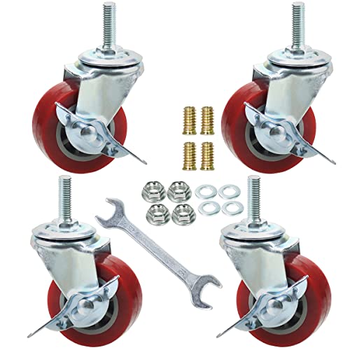 2 Inch Swivel Caster Wheels Set of 4, Locking Casters Heavy Duty Total Capacity 200lbs, Metric M8-1.25×25mm Threaded Stem PU Castors with Brake - color: Deep Red, size: 2 inch