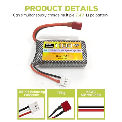 7.4V 1100mAh 2S Lipo Battery with T Plug and USB Charging Cable Suitable for Haiboxing 18858 18859 18859A 16890A XLH Q903 Q903 HM163 RC Car RC Ship RC Drone