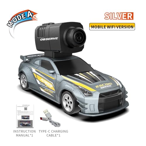 Mini 4WD RC Drift Car with Camera, Full Proportional High Speed Remote Control Vehicle, APP Controlled RC Racing Car with Gyroscope Drift System, LED Lights, Rechargeable Battery - color: Silver