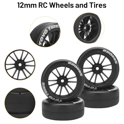 12mm RC Drift Tires and Wheels, daitoku 1/10 RC Rally Racing Tires for Tamiya Traxxas HPI KYOSHO XV02 XV01 TT01 TT02 PTG2 A959 - Style D (Black) - color: Black