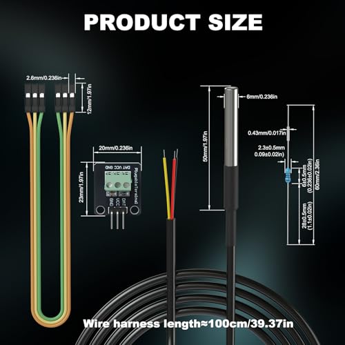 DROK 5 Pack Waterproof DS18B20 Temperature Sensor Probes with a Probe Adapter Board, 3 pin Female to Female Jumper Wires and 5 Pack 4.7K ohm Resistors for Arduino Raspberry Pi DIY