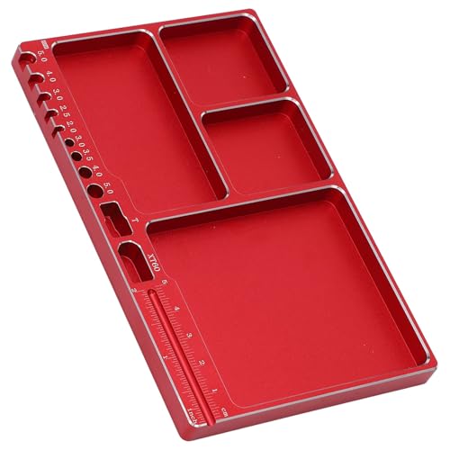 Magnetic Screw Tray, 16x10x1.1cm/6.30x3.94x0.43in Aluminium Alloy RC Repair Parts Organizer Portable Small Parts Holder with 4 Magnetic Pads for RC Aircraft (Red) - color: Red