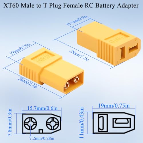 QIANRENON XT60 to T Plug High Current Adapter 30A XT60 Male to T Connector Female Converter XT60 to T-Plug RC Battery Connector, Compatible Deans Connector, for Model Airplane Electric Car,2Pcs