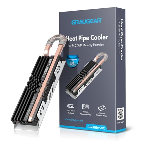 GRAUGEAR Heat Pipe Cooler for M.2 SSD Memory Extension, M.2 2280 NVMe SSD Heatsink, Pure Copper Heat Pipe, Premium Aluminum Plate-Fin Design, Thermally Conductive Graphite on Copper Foil