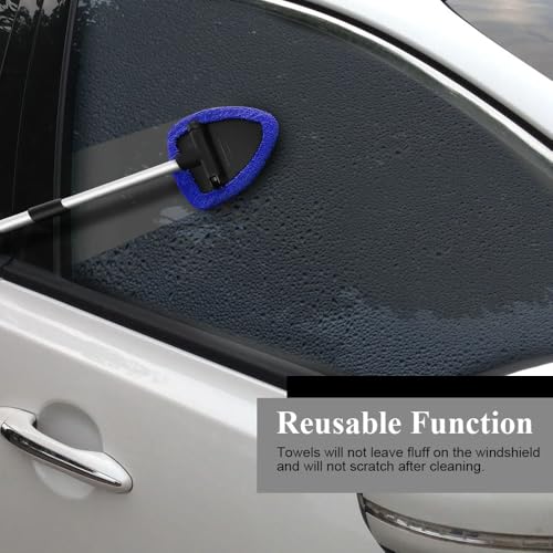 Windshield Cleaning Tool, Car Window Cleaner, Windshield Cleaner with 4 Washable Reusable Microfiber Pads and Extendable Handle, Auto Glass Wiper Cleaning Kit Universal for Car (Blue) - color: Blue