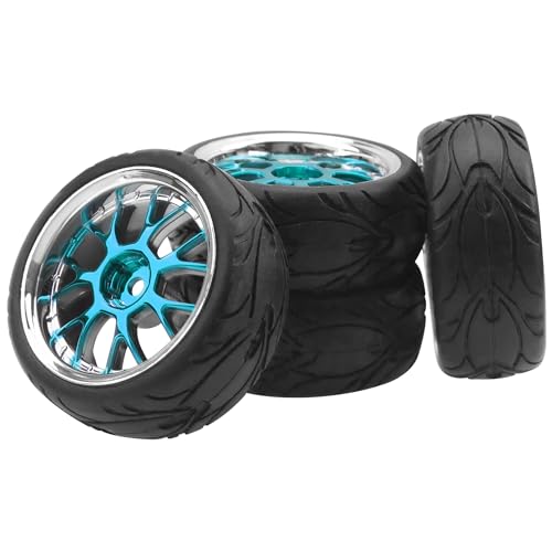 ShareGoo Plastics Wheel Rims w/Rubber Tire RC 12mm Hex Hub Compatible with HSP Tamiya XV01 TT01 Kyosho Traxxas Sakura WLtoys HSP 3Racing 1/10 RC On-Road Racing Touring Car (Blue) - color: Blue
