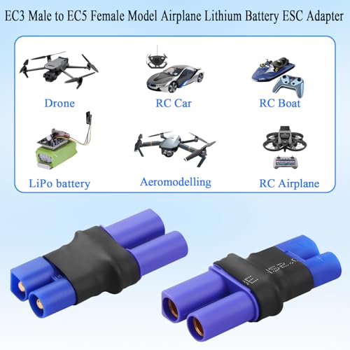 QIANRENON EC3 to EC5 RC Battery ESC Adapter 25A EC3 Male to EC5 Female Lithium Battery Connector Gold Plated EC3 Plug to EC5 Socket Converter, for Model Airplane Lipo Battery Drone, 2Pcs
