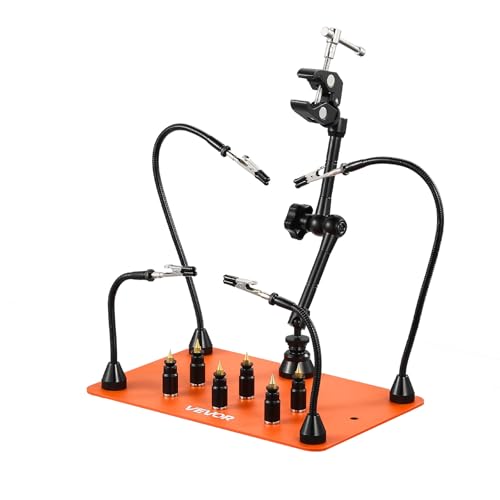 VEVOR Magnetic Helping Hands Soldering Station, 4 Flexible Arms Third Hand Tool, with 6 PCB Pillar Holders & 360 Hot Air Gun Holder, Heavy-Duty Base Soldering Helper for Electronic Repair Craft - style: 11*7in Large Base with Holders