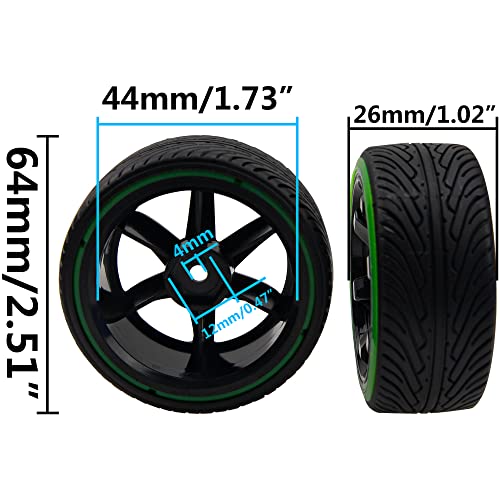 1/10 RC Drift Car Tires 12mm Hex Hub Wheel Rims & Hard Plastic Tyre 6 Spoke Compatible with Traxxas HSP Tamiya Kyosho HPI Redcat 1/10 On-Road RC Drift Drifting Car (Green)