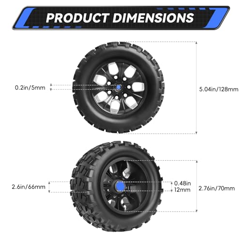 Pre-Glued 2.8 Tires 1/10 Scale RC Truck Wheels and Tires 12mm Hex for Traxxas Rustler Stampede 4x4 & 2WD Slash Hoss 4WD Redcat Volcano Epx Pro, Set of 4