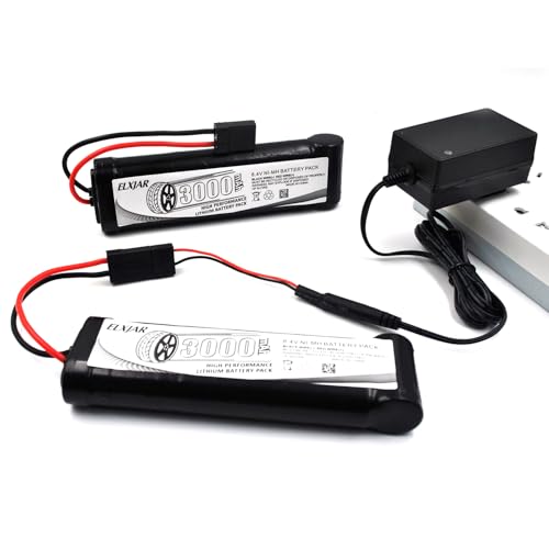 (2-Pack) 8.4V 3000mAh Ni-MH Battery with TRX Plug for RC Vehicles | For Tamiya, Traxxas, LOSI, Associated, HPI and Kyosho RC cars, trucks, boats and buggies; includes 4.8V–12V charger. - color: (2-Pack) 8.4V 3000mAh TRX