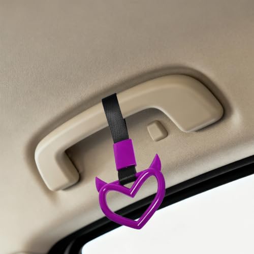 2PCS Car Devil Heart Handle Ring, Cute Heart-Shaped Vehicle Rear Bumper Waring Loops, Automotive Grab Handle Strap Drift Charm Decoration, Universal Fit (Purple/Black) - color: Purple/Black
