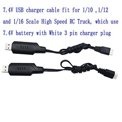 Blomiky 2 Pack 7.4V 1.3A Lithium Battery Charger Cable with XH-3P Plug for Some 1/10 1/12 1/16 1/14 1/18 Scales RC Car Truck Boat Drone 7.4V 2S Lipo or Li-ion Battery / 9125 USB 2