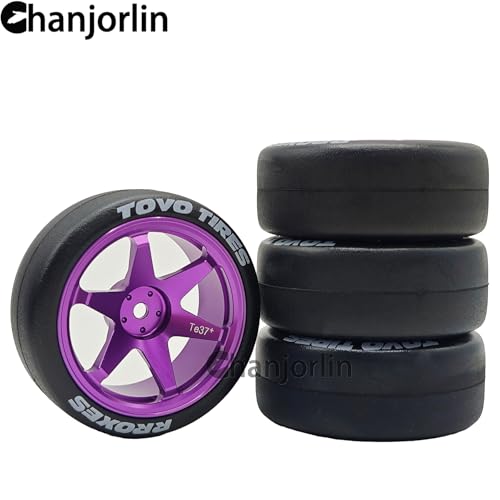 RC 1/10 Drift Tires & Aluminum Wheels 12mm Hex OD 65mm Hard Drift Racing Smooth Tyres for 1:10 1/12 Rally Street On Road Touring Car TT01 TT02 XV02 XV01 TA06 HPI KYOSHO PTG2 4PCS (Purple) - color: Purple