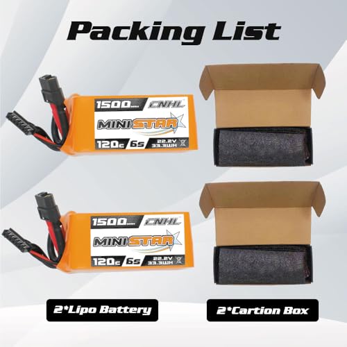 CNHL 1500mAh 6S LiPo Battery 22.2V 120C with XT60 Plug (2 Packs) | High discharge RC battery for FPV racing drones, freestyle quadcopters, RC helicopters, and airplane models.