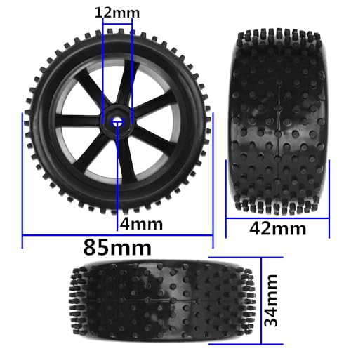RC OD 85mm/3.34" Front Rear Rubber Tire Tyre & Plastic Wheel Rims 12mm Hex Hub 7-Spoke Compatible with Redcat HPI HSP Kyosho Losi 1/10 1/12 Scale Off Road RC Buggy,Set of 4
