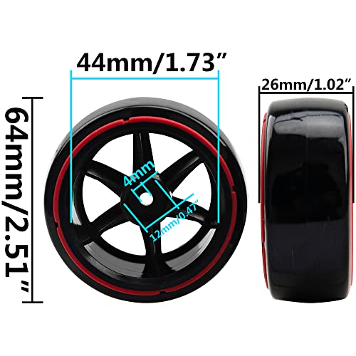 1/10 RC Drift Car Tires Hard Plastic Tyre & 12mm Hex Hub Wheel Rims 6 Spoke Compatible with Traxxas HSP Tamiya Kyosho HPI Redcat Racing MST 1/10 On-Road RC Drift Drifting Car (Red2) - color: Red2