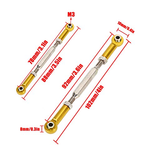 RC Car Push Rods, 6Pcs 88mm Aluminum Alloy Adjustable Turnbuckle Rods, Linkage Accessories for RC Car Upgrade Parts, Gold Turnbuckle Rod Linkage for 1/10 RC Crawler - color: Gold