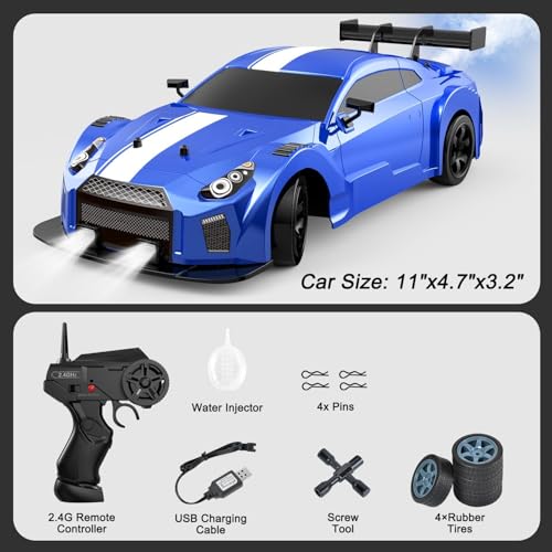 Dollox RC Drift Car 1/16 Scale Remote Control Car 2.4GHz 4WD High Speed 18+KM/H Race Car with LED Light and Spray, Extra Drifting Tires Racing Vehicle Toy Birthday Gifts for Adults Boys, 2 Batteries - color: Blue