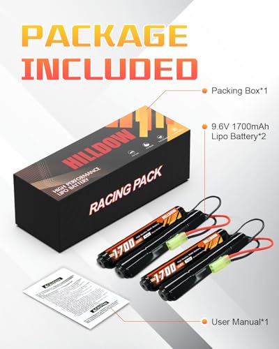 Hilldow 9.6V NiMH Airsoft Battery 1700mAh Rechargeable Battery with Mini TMY Plug RC Battery for Airsoft Guns(2 Pack)