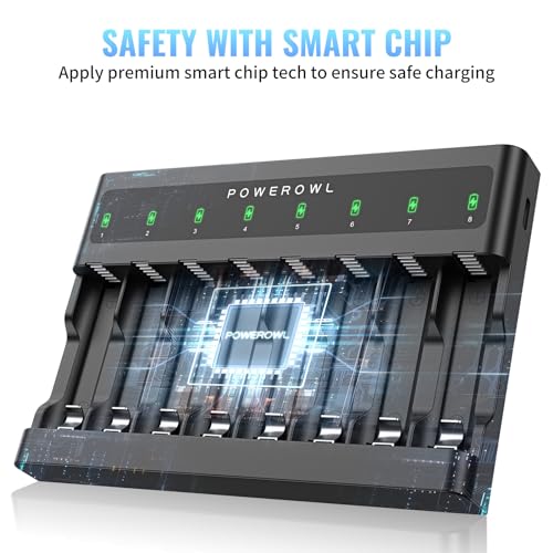 POWEROWL AA AAA Battery Charger 8 Bay, Independent Slot, USB Fast Charging for Ni-MH Ni-CD Rechargeable Batteries - size: Ultra-thin