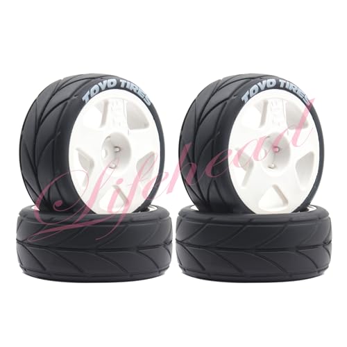 Lifehead 65mm On Road Rubber Tires& Wheels Rims 12mm Hex Hub for HPI Ken Block's Tamiya XV01 TT01 TT02B Kyosho FAZER MK2 Lc Racing PTG HSP RGT RC 3RACING D5 1/10 RC Rally Car - color: White 2