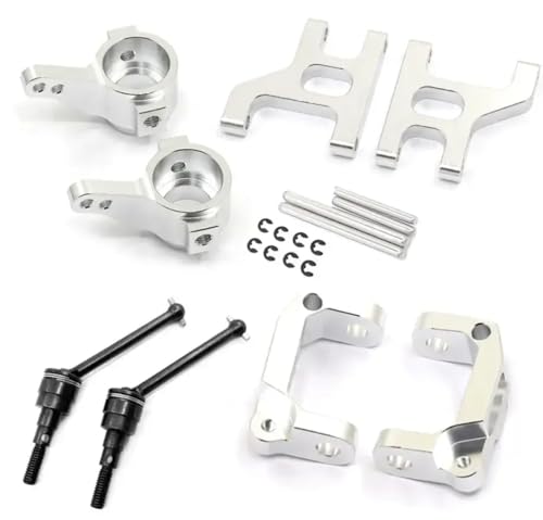 Front Lower Suspension Arm Hub Carrier Base Steering Cup Metal Drive Shaft Compatible with 1/10 RC 4WD Buggy Models(Full Set Silver)