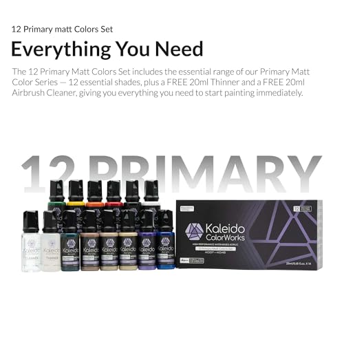 Gaahleri Kaleido Primary Matt 12-Color Set Water-Based Acrylic Airbrush Paint Kit for Scale Models, Gundam, Mecha, Cars & Miniatures – Pre-Thinned, High Gloss, Fast-Drying, with Thinner & Cleaner - color: 12 Primary Matt Colors Set