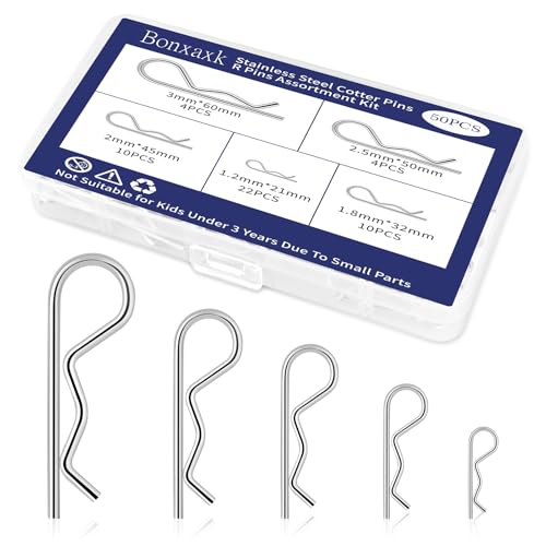 50 Pcs Cotter Pins Assortment Kit R Clips retaining pin | Heavy Duty R Clips Hardware Pins, 5 Sizes Spring Fasteners, Hitch Pin for Trailer Locking