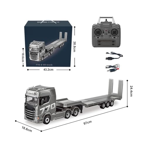 1/18 Scale 770S 6x4 RC Tractor Truck with Flatbed Trailer | Heavy Duty Semi Truck with 2.4GHz Remote Control, LED Lights, Sound Effects - color: Silver