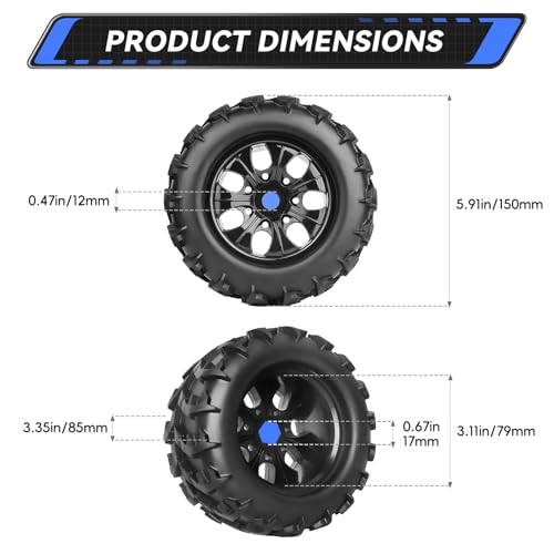 PreGlued 1/8 RC Monster Truck Buggy Wheels and Tires 17mm Hex with Foam Inserts for Traxxas Maxx Tmaxx E-Revo 2.0 3.3 Arrma Kraton Typhon 6S HSP HPI Savage Flux Redcat Kaiju