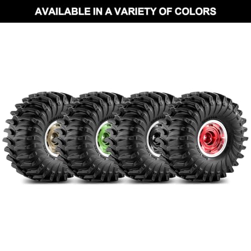 1.0" Beadlock Aluminum Wheels and 64mm Soft Rubber Tires | for SCX24, TRX4M, Ascent 18, FCX24, 1/18 1/24 RC Crawler, 7mm Hex, 0mm Offset, with Foam Inserts, (Red A) - color: Red a