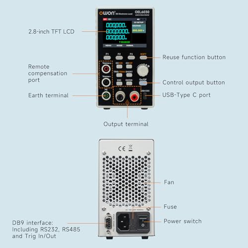OWON Programmable DC Electronic Load OEL6030, DC 600V 30A Maximum 300W, USB/RS232, CV CC CR CP 4 Operation Modes, 5kHz Dynamic, Lab Bench Power Tester with 2.8” TFT Color LCD Display - size: OWON-OEL6030