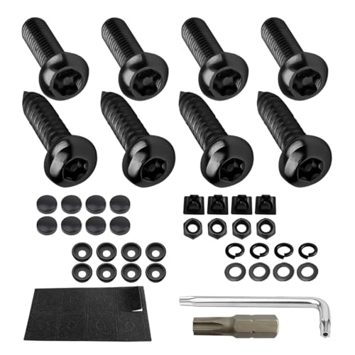 YALOK Anti Theft License Plate Screws Kits- Rustproof Stainless Steel Car Tag Plate Mounting Hardware, M6 (1/4") Tamper Proof Fastener Nut, Caps Cover for Front Rear Frame Holder Mounting(AT-Black/8)