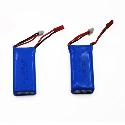 Blomiky 2 Pack 7.4V 1200mAH Lipo Battery Pack with JST Plug and USB Cable Replacement for UDIRC UD1601 UD1602 Pro Fisca Cheewing 1/16 Scale RC Truck RC Helicopter Drone Vehicles / X6 Battery and USB 2