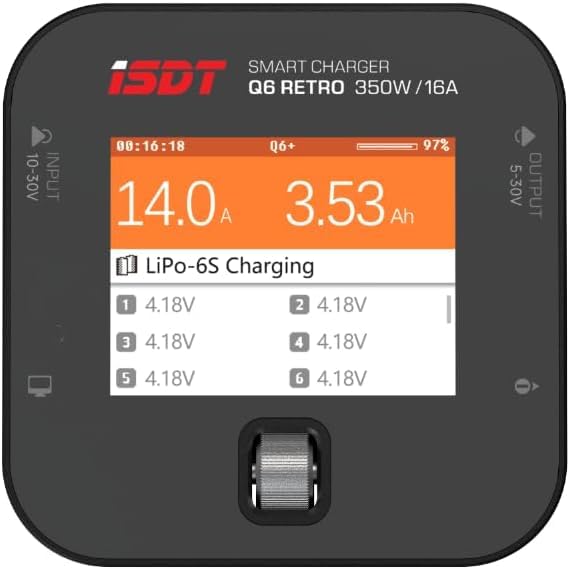 ISDT Q6 Retro Lipo Battery Charger Discharger DC 350W 16A Smart RC Battery Charger for 2~6S Lithium LiHv LiIon Life NiMH Ni-Cd/Pb Lipo Battery Balance Charger, with LCD Display