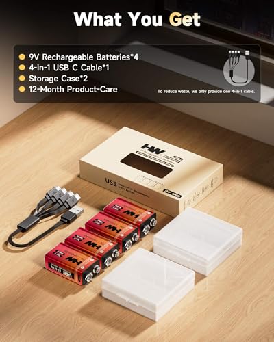 HW 9 Volt Batteries 4 Pack, 1400mAh Rechargeable Lithium Battery 9V with USB C Fast Charging Cable, 1000 Cycles Square Baterias for Smoke Detectors, Fire Alarms, Remote Controls, Clocks and More