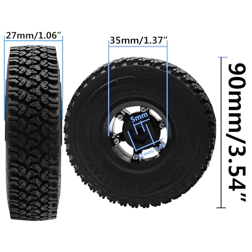 4Pcs HIRCQOO 1.55'' Beadlock Plastic Wheel Rims Rim Rubber Tires Tyre 12mm Hex Compatible with RC4WD D90 TF2 Tamiya CC01 LC70 LC80 MST Axial AX90069 1/10 RC Crawler (Black) - color: Black
