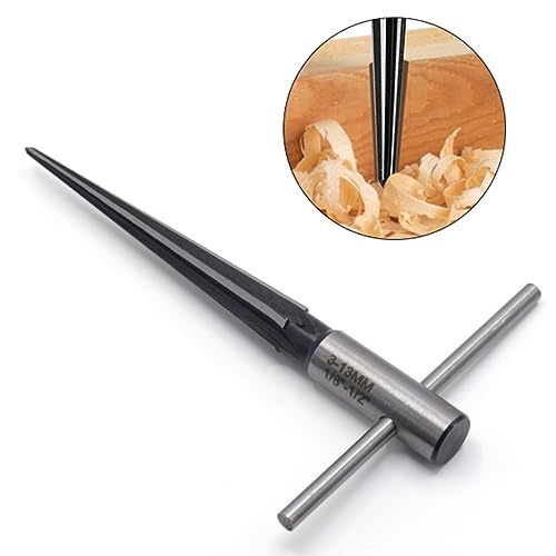 6-Flute Tapered Reamer 1/8 to 1/2 Inch T Handle for Guitar Luthier | 45 carbon steel, 1/4 inch hex shank compatible, chamfer reaming tool, bridge pin hole sizing, instrument repair use