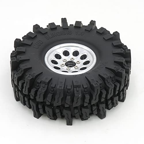 HOBBYSOUL 1.9 Crawler Tires and Wheels 120mm Soft Sticky 1.9 Mud Slingers Tires & 1.9 Beadlock Wheels Silver Rim for 1/10 RC Crawler Traxxas TRX4 Axial SCX10, (4 Pack) - color: Silver