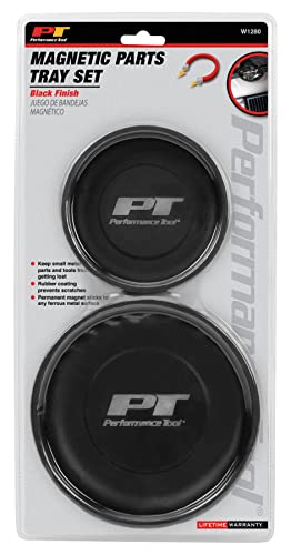 Performance Tool W1280 2-Piece Magnetic Parts Tray Set, Black | Holds screws and bolts sideways or upside down. Rubber coating prevents scratches. 4 and 5-1/2 inch trays