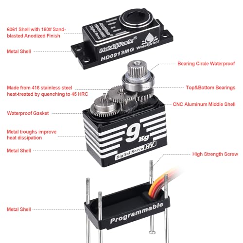 HobbyPark Waterproof 9kg High Torque Sub-Micro Steering Servo for TRX4M 1/18 Crawler & Shift Servo for TRX4 SCX10 1/10 Scale Crawler Digital Metal Gear Aluminum Shell Programmable Arduino Servo 180°